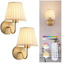 Vintage Battery Operated Wall Sconces Set of 2, Pleated Fabric Shade Gold Wall Lamp with Remote Control, Cordless Rechargeable Wall Sconces Fixtures for Bedroom, Living Room, Beside (2 Bulbs Included)