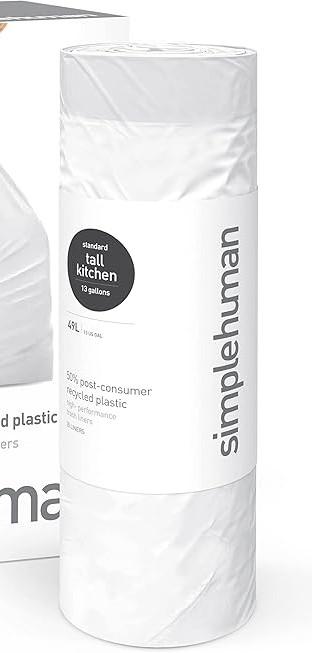 simplehuman 50% Post-Consumer Recycled Tall Kitchen Drawstring Trash Bags, 13 Gal, 25 Count