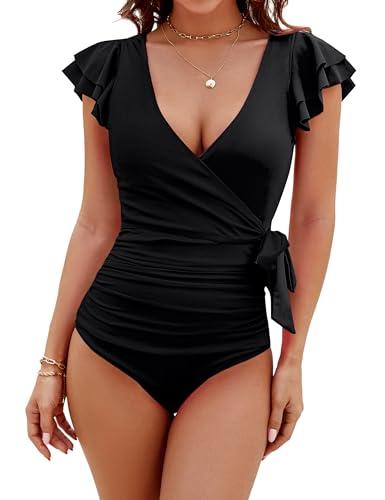 Blooming Jelly Women's Tummy Control Swimsuits Slimming One Piece Bathing Suit Modest Swimwear Ruffle Wrap V Neck Swimming Suit (Black,Medium)