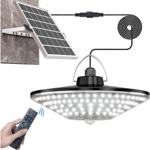 Solar Shed Light Outdoor Indoor Solar Powered Motion Sensor Light 198LED 1200LM Daytime Work Light with 5 Lighting Modes Remote Control IP65 Waterproof Solar Hanging Barn Ligh for Home Gazebo Shop (Black)