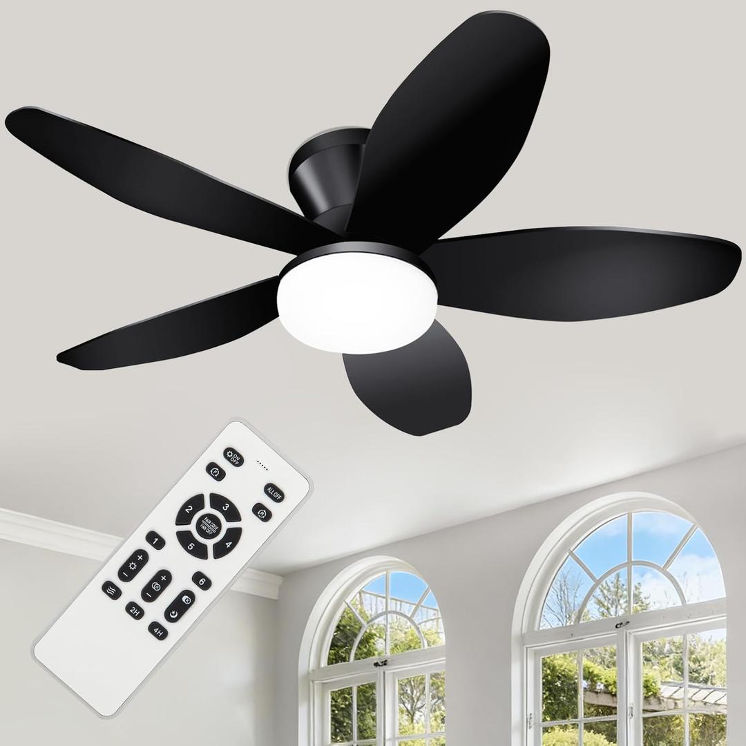 Small Ceiling Fan with Light - 35 Inch Flush Mount Ceiling Fan with Lights and Remote, Low Profile Ceiling Fans with 5 Reversible Blades, 6 Wind Speeds, Black Ceiling Fans for Bedroom