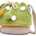 Handmade Knitted Purse Wool Knitted Mushroom Shoulder Bag for Women Crossbody Bucket Bag with Drawstring Green