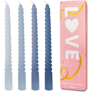 Taper Candles Blue, Spiral Twisted Candles Set of 4, Unscented Taper Candlesticks 10 inch Tall, Home Decor Wedding Decorations,Valentines Day