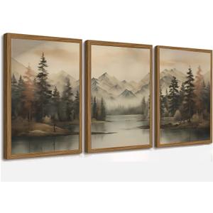 Framed Mountain Landscape Wall Art Canvas Print Vintage Forest Lake Nature Painting Picture Ready to Hang Living Room Bedroom Office Decor 12x16 Inches
