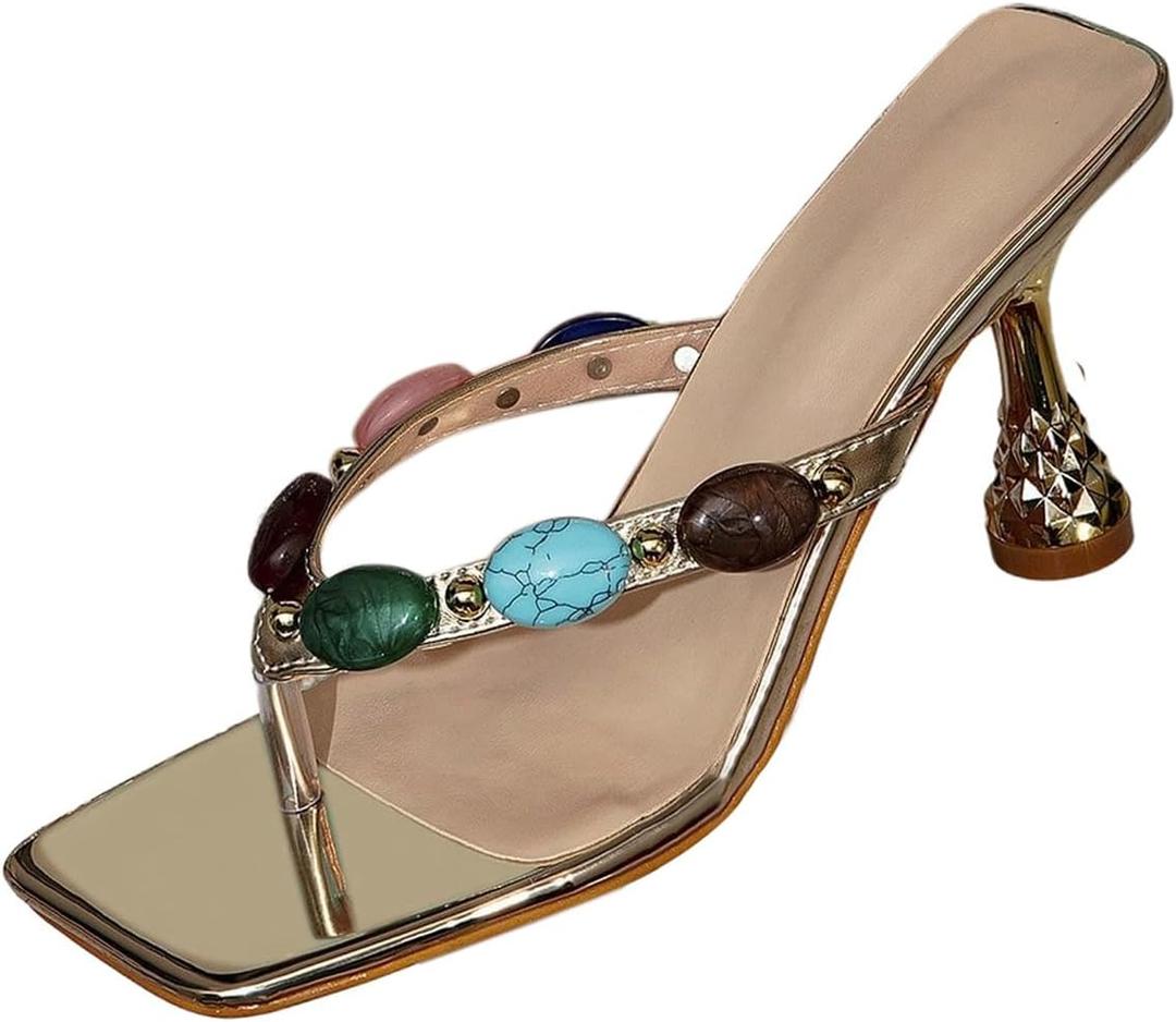 MakeMeChic Women's Gold Kitten Heels Summer Beach Thong Sandals Square Toe Jeweled Flip Flop (6.5)