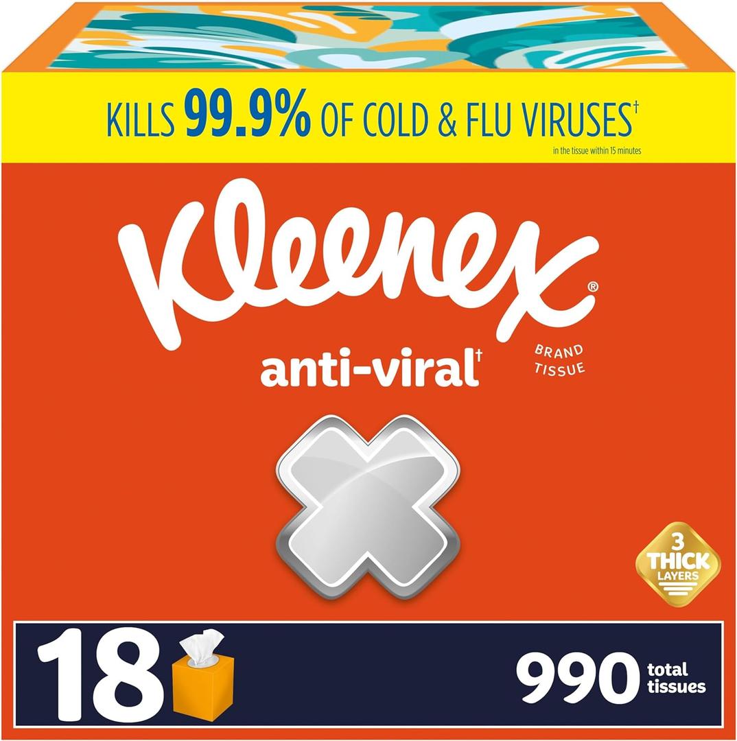 Kleenex Anti-Viral Facial Tissues, Classroom or Office Tissue, 18 Cube Boxes, 55 Tissues per Box, 3-Ply (990 Total Tissues) (White)