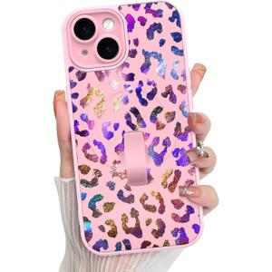 KANGHAR Compatible with iPhone 15 Case, Support for MagSafe, Silicone Cute Iridescent Leopard Cheetah Pattern, Wristband Kickstand Shockproof Protective Slim Cover for Women Girls, Pink