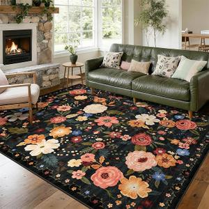 8x10 Washable Area Rug for Living Room, Floral Non-Slip Non-Shedding & Easy Care, Large Soft Low Pile Indoor Floor Carpet for Living Room, Bedroom, Farmhouse, Dining Room, Kids Playroom, Black