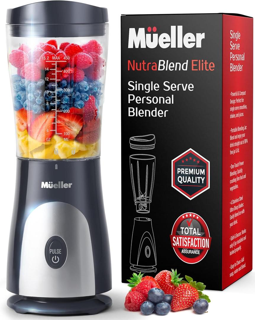 Mueller Personal Blender for Shakes and Smoothies with 15 Oz Travel Cup and Lid, Juices, Baby Food, Heavy-Duty Portable Blender & Food Processor, Grey (Gray)