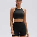 SUUKSESS Womens Workout Set Crew Neck Strappy Sports Bra Tank High Waist Tummy Control Bike Short Outfit (Black, S)