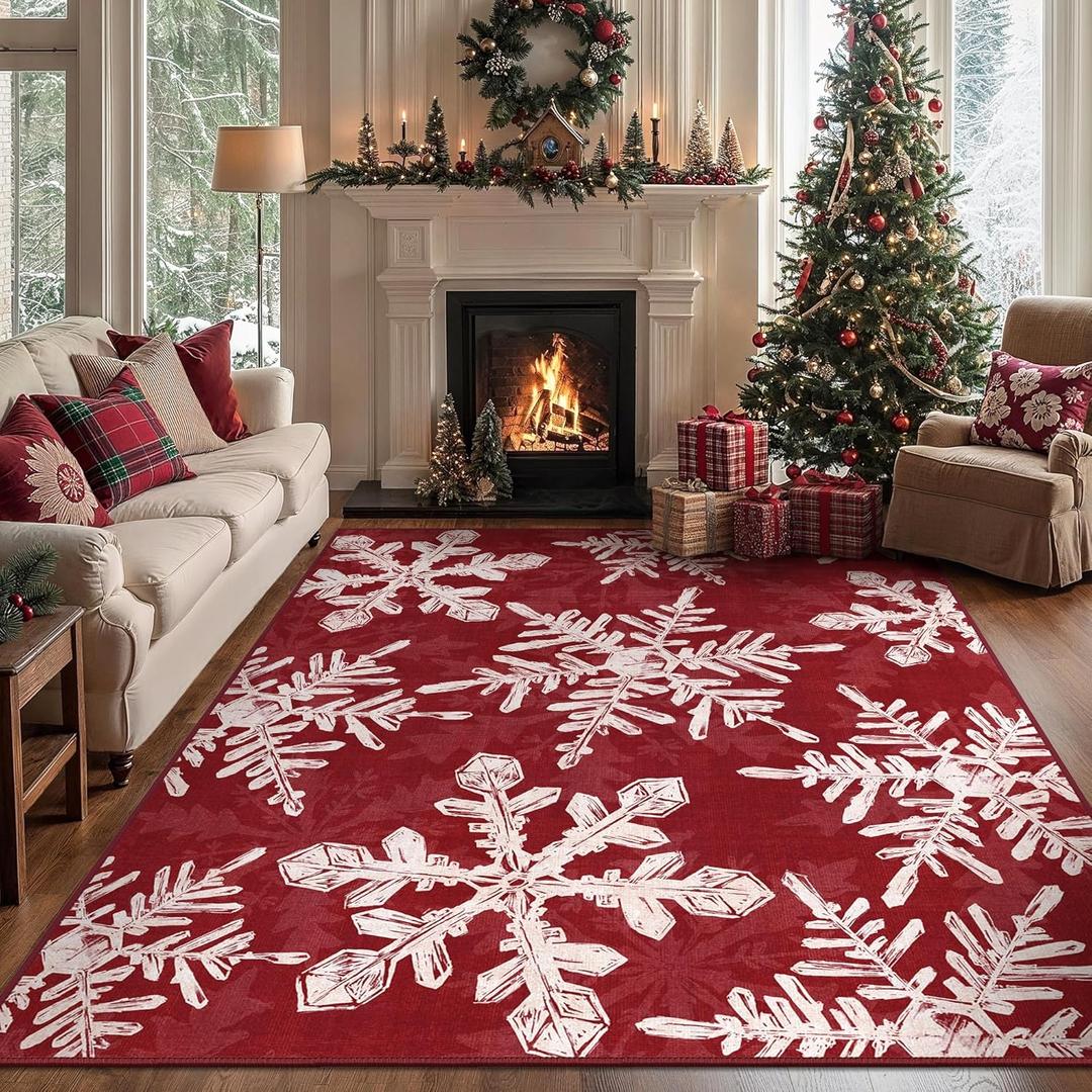 Christmas Area Rug 5x7 for Living Room, Washable Rug for Bedroom, Christmas Home Decor, Holiday Print Carpet, Low Pile Non Slip Mat with Rubber Backing, Snowflake