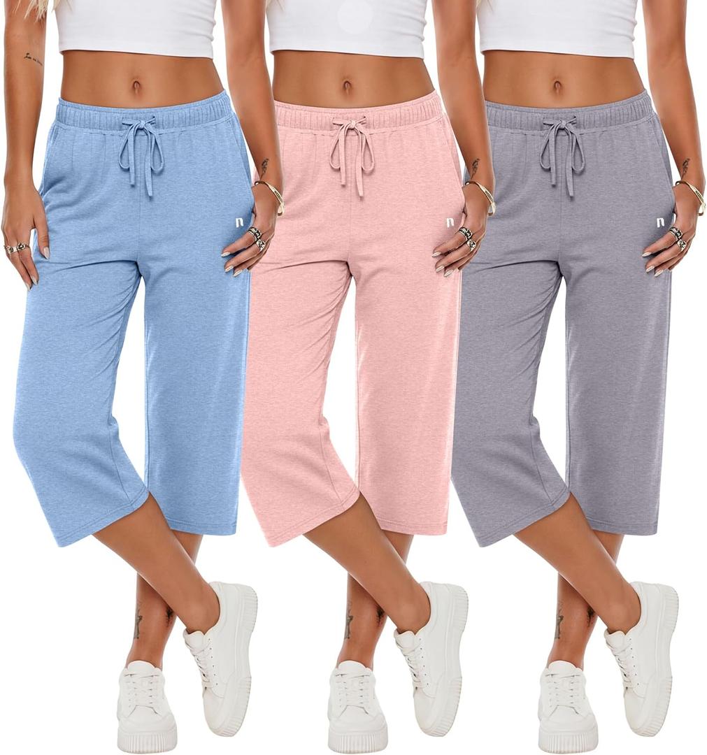 Neer 3 Pack Women's Capri Pants, Wide Leg Basic Sweatpants Lounge Loose Fit Casual Drawstring Yoga Capris with Pockets, Size M