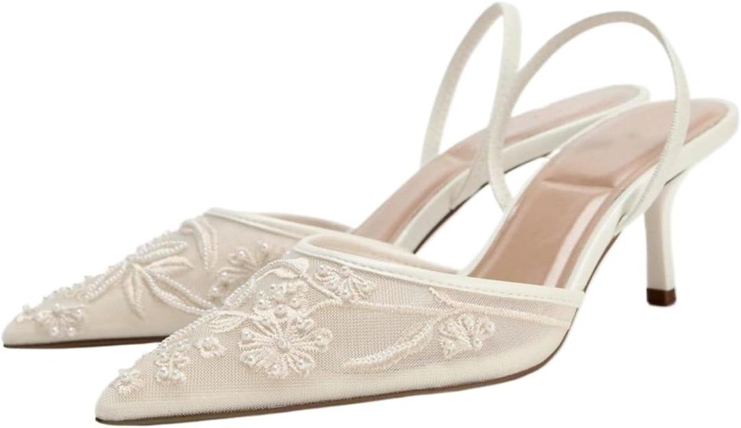 Women's Mesh Floral Embroidered Slingback Heels with Pearl Studded Pointed Toe Lace Heeled Sandals Backless Slip On Kitten Heel Pumps Wedding Party Shoes, Size 36 (US 5)