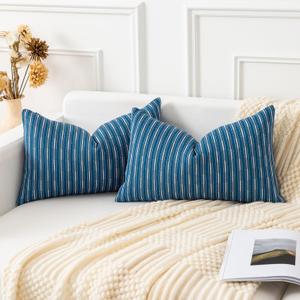 Kevin Textile Pack of 2, Linen Decorative Rectangle Throw Pillow Covers Boho Woven Texture Cushion Covers Pillowcase, Home Decor Decorations for Sofa Couch Bed Chair 12x20 Inch/30x50 cm (Navy Blue)