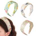 Floral Headband for Women 3 PCS Embroidered Headband,Wide Boho Mesh Fabric Hair Bands,Comfortable and Non-slip Hair Accessories for Girls,Daily Wear and Special Occasions (Pink Yellow Green)