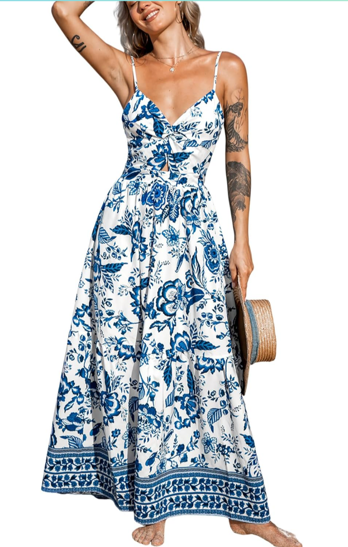 CUPSHE Women's Maxi Dress Floral Print Twisted V Neck Sleeveless Long Dress Summer Casual Dress, Medium, Teal Floral 