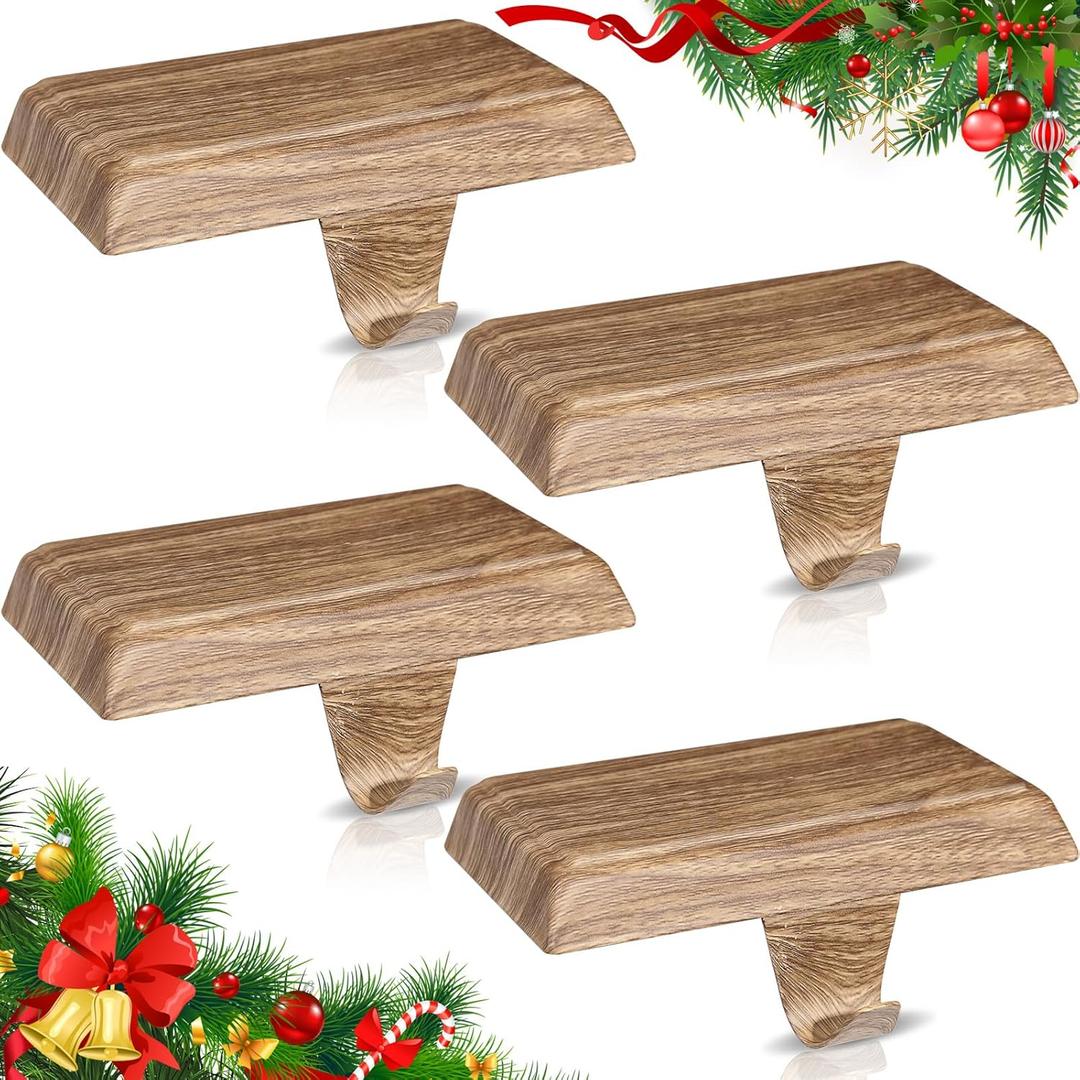Zhengmy Christmas Stocking Holders for Mantle Weighted Stocking Holder Fireplace Hangers for Xmas Holiday Party Decoration(Stainless Steel,Wood,4 Pcs)