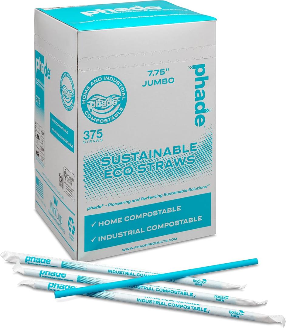 phade Eco-Friendly 7.75" 375 Count Jumbo Drinking Straws - Sustainable Marine Biodegradable Compostable Individually Wrapped, 10 Pack phade Eco-Friendly 7.75" 375 Count Jumbo Drinking Straws - Sustainable Marine Biodegradable Compostable Individually Wrapped, 10 Pack