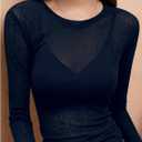 RoseSeek Women's See Through Mesh Tops Crew Neck Long Sleeve Basic Shirts Sheer Tight Tees (L)