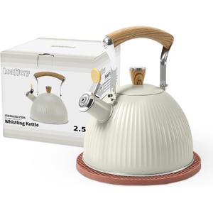 LONFFERY Tea Kettle for Stove Top, 2.5 Quart Whistling Tea Kettle, Stainless Steel and Wood Pattern Folding Handle, Creamy White