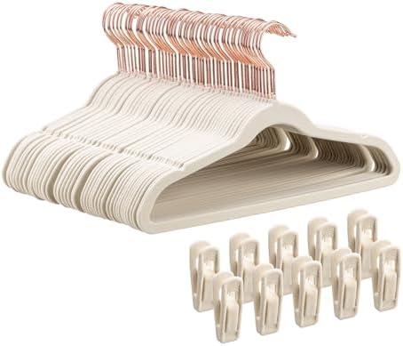 Tonswachic Child Velvet Hangers 50 Pack - 14 Inch Premium Felt Non Slip Kids Hanger for Infant & Toddler Clothes - 0.2" Slim Space-Saving Kids Felt Hangers for Children's Closet with 10 Clips - Beige