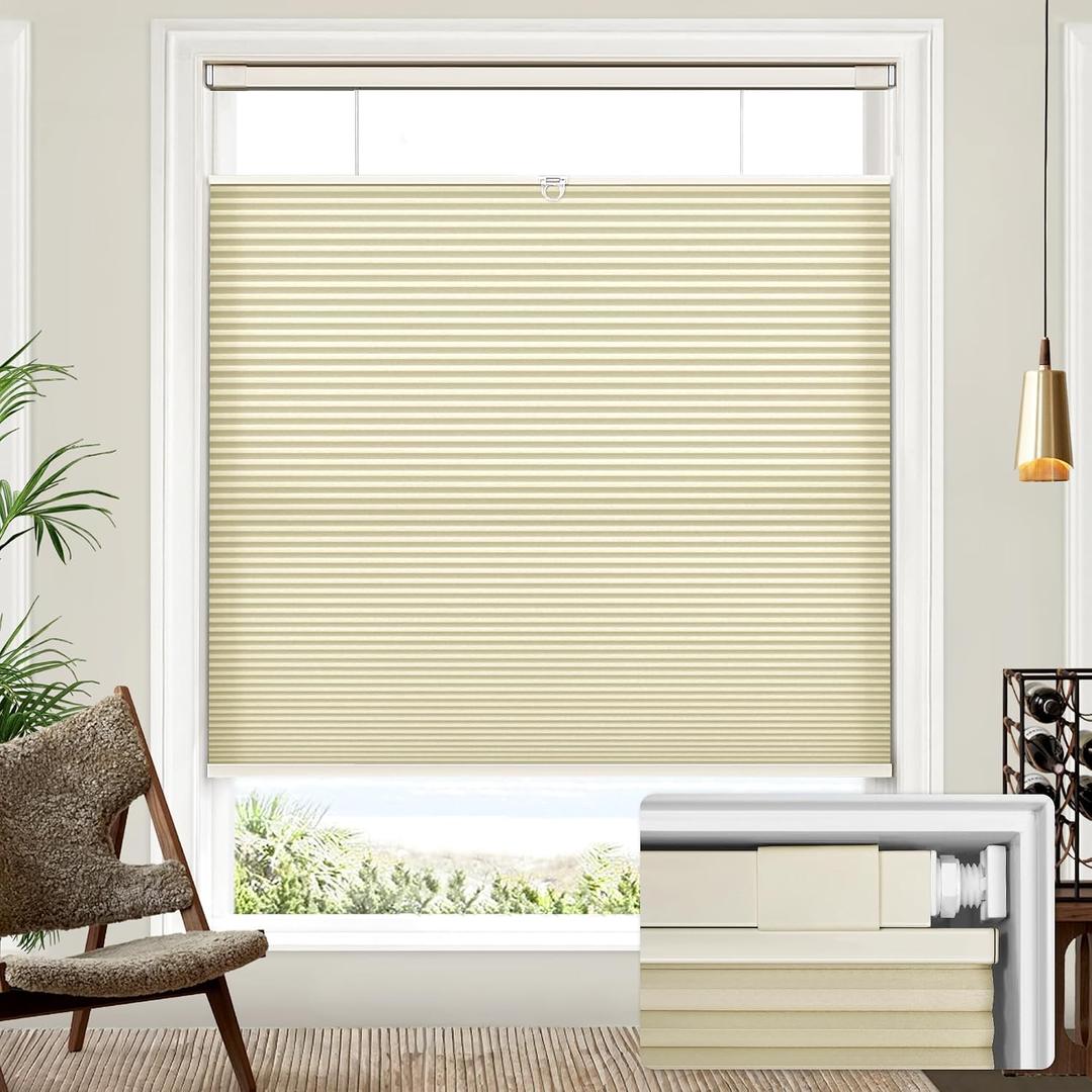 Lazblinds No Drill TDBU Cellular Shades, 25" W x 64" H, Beige | Light Filtering Upgraded No Tools Easy Install Cordless Top Down Bottom Up Honeycomb Blinds for Windows