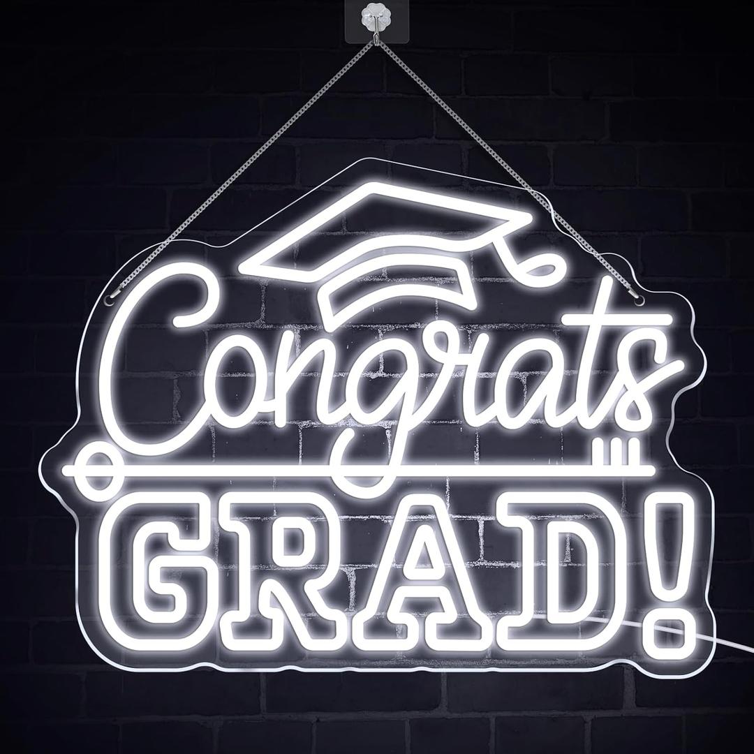 Congrats Grad Neon Sign with Graduation Cap, Cold White Graduation Class of 2025 Light Up Sign for Wall Decor,USB Powered Adjustable Brightness Led Sign for 2025 Graduation Party Backdrop Decorations