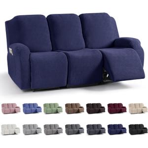KinCam Recliner Covers, Stretch Reclining Chair Covers, Recliner Sofa Slipcovers Stripe Jacquard Recliner Couch Covers Furniture Protector Covers for Pet Kid (3 Seater, Dark Blue)