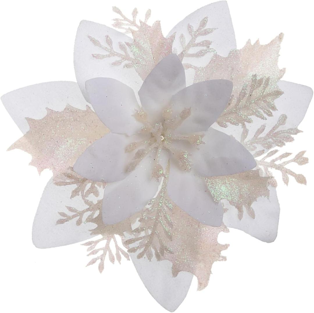 Zhuqing 15Pcs Christmas Poinsettia Artificial Flowers Decorations, Glitter Poinsettia Christmas Tree Ornaments, Black Tree Flowers for Xmas/Wedding/Holiday/Wreath/Garland Decor, with Cilps, 5.5 Inch (White)