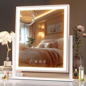 Hasipu Vanity Mirror with Lights, 12" x 14" LED Makeup Mirror, Light up Mirror with Smart Touch 3 Color Modes and Brightness Adjustment, 10X Magnifying Glass,360 Rotation (White)