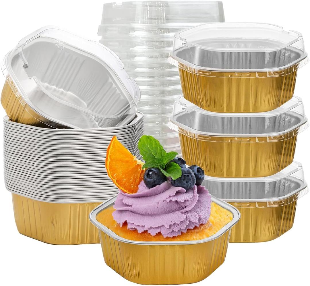 Frcctre 35 Pack 13 Oz Aluminum Foil Baking Cups with Lids, Disposable Hexagon Aluminum Foil Ramekins Cupcake Baking Pans Muffin Liners Cups Brownie Pudding Desserts Holders