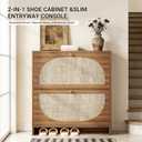 Nicetree Freestanding Ultra Slim Arched Rattan Accent Shoe Storage Cabinet for Entryway - 2 Flip Drawers & 3-Tier Adjustable Shelves, Farmhouse Modern Rustic Shoe Rack for Hallway Foyer,Oak, 35.5" H × 9.5" D × 31.5" W