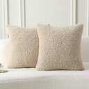 FUTEI Beige Throw Pillow Covers 18x18 Inch Set of 2,Furry Faux Fur Teddy Boucle Textured Cushion Covers,Soft Fluffy Decorative Pillow Case,Home Decor for Couch Bed Living Room Office Car