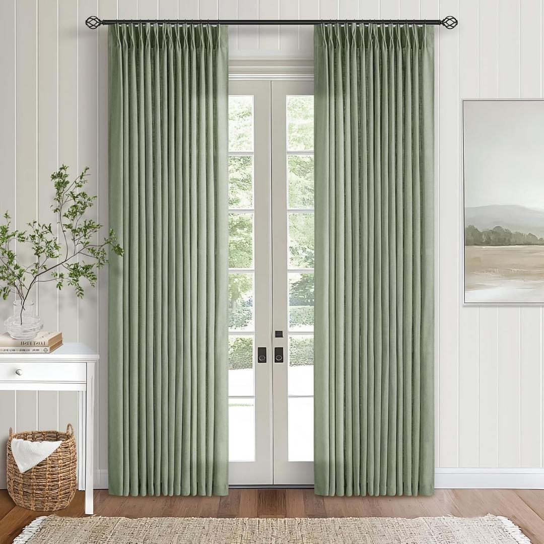 Green Linen Curtains 108 Inches Long 2 Panels Set for Living Room Farmhouse Boho Linen Textured Pinch Pleated Memory Shape Light Filtering Ceiling Semi Sheer Window Curtain Hook Rings Sage Green Green Linen Curtains 108 Inches Long 2 Panels Set for Living Room Farmhouse Boho Linen Textured Pinch Pleated Memory Shape Light Filtering Ceiling Semi Sheer Window Curtain Hook Rings Sage Green