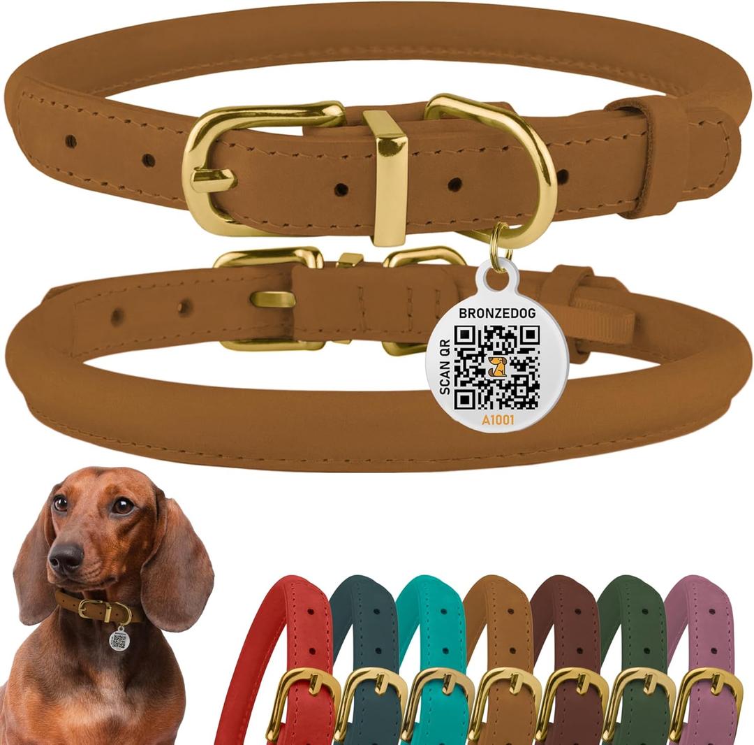 BronzeDog Rolled Leather Dog Collar with QR ID Tag, Adjustable Soft Round Collars for Dogs Puppy (11" - 14 1/2" Neck Size, Light Brown)