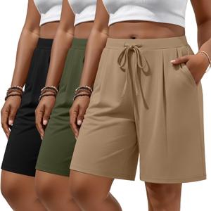 Huukeay 3 Pack Women's Plus Size Bermuda Shorts Casual Knit Drawstring Knee Length Walking Shorts with Pockets (Black, Army Green, Khaki, 3X-Large)
