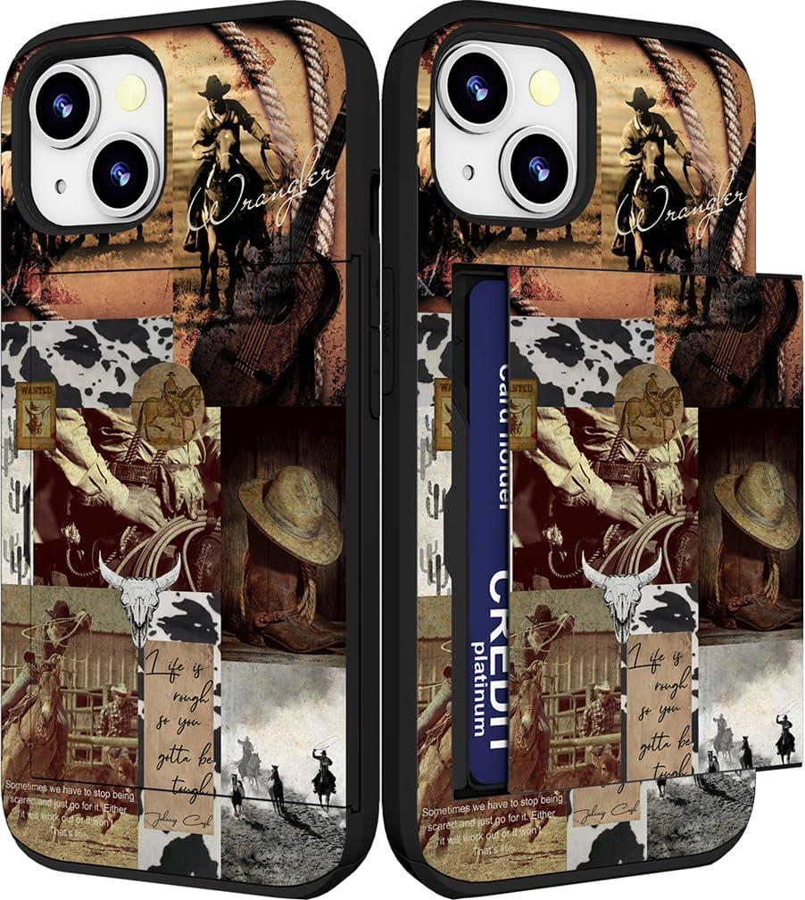 Compatible with iPhone 14/15 Plus Case Cute with Card Holder Slim Slot Phone Wallet Cover for Women/Cowboy Country Wrangler Collage Cow Western Cowgirl Cactus