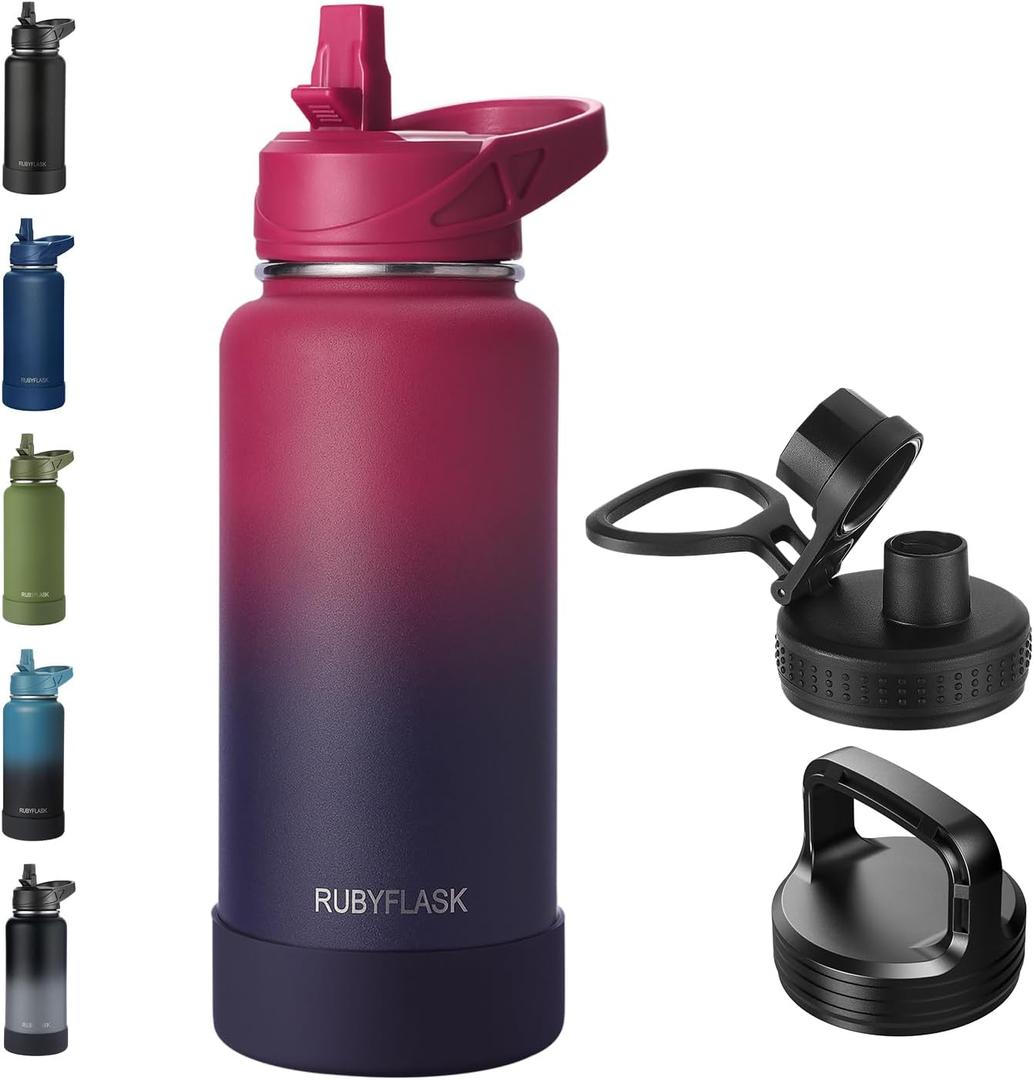 RUBYFLASK 32oz Insulated Water Bottle with Straw, Stainless Steel Metal Vacuum Water Flask, Large Thermal Water bottle with Leakproof 3 Lids for Travel, Camping, Gym Sports Red