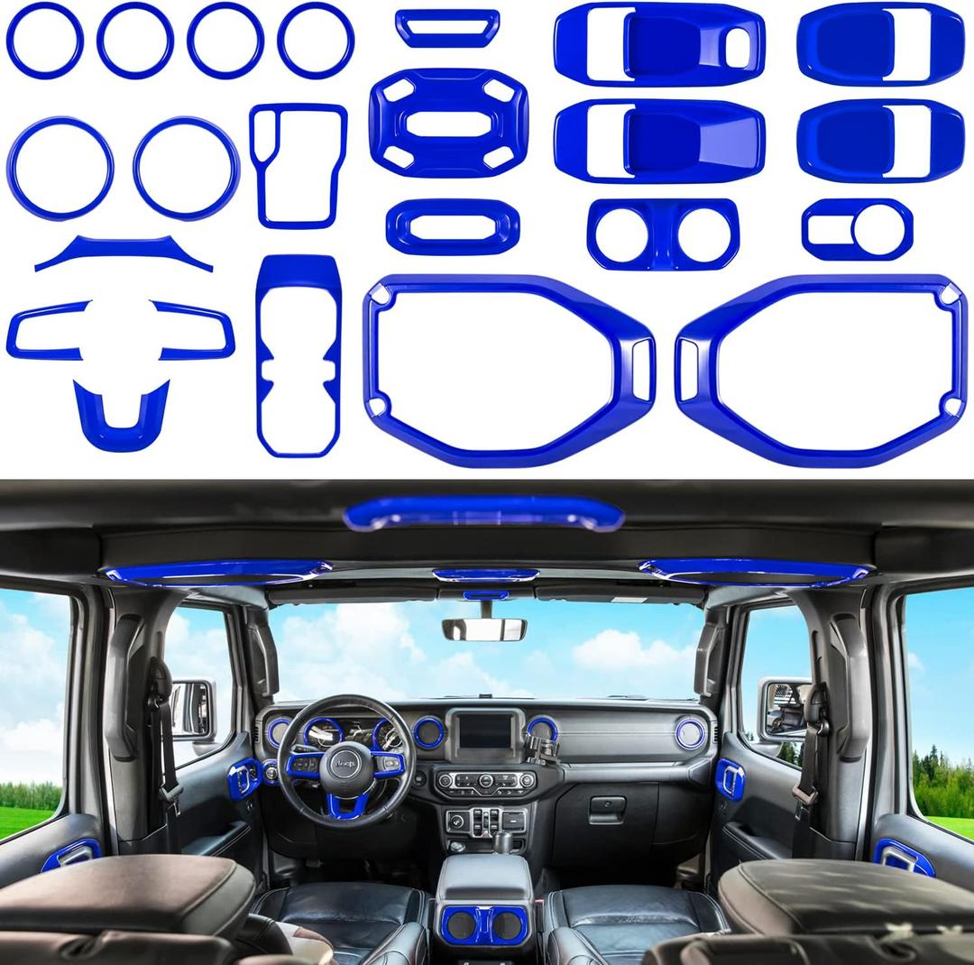 23PCS Full Set Interior Decoration Trim Kit for Jeep Wrangler JL JLU Gladiator JT 2018-2023 Steering Wheel Door Handle Air Conditioning Vent Cup Holder Reading Light Headlight Switch Gear Cover (Blue)