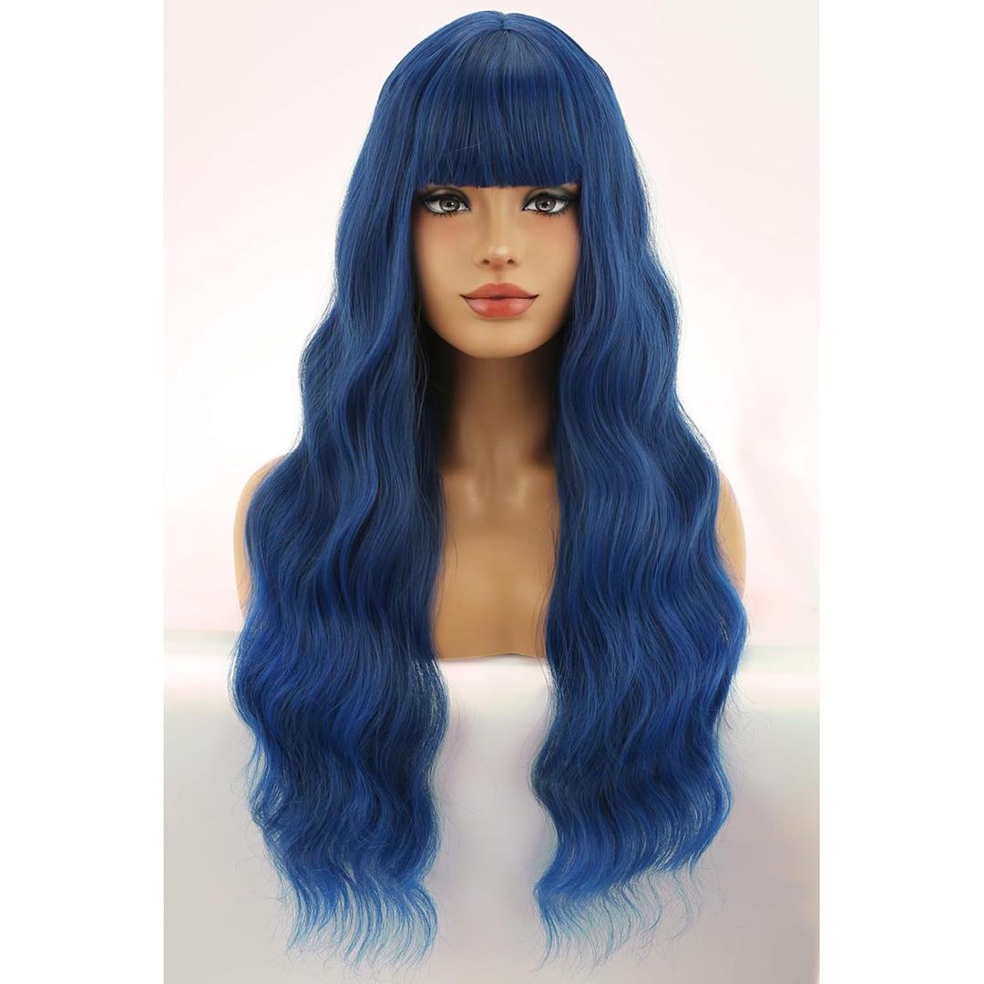 BERON Blue Long Wigs Curly Wavy Women Wigs with Bangs Dark Blue Heat Resistant Synthetic Wigs for Cosplay or Daily Wigs Wig Cap Included