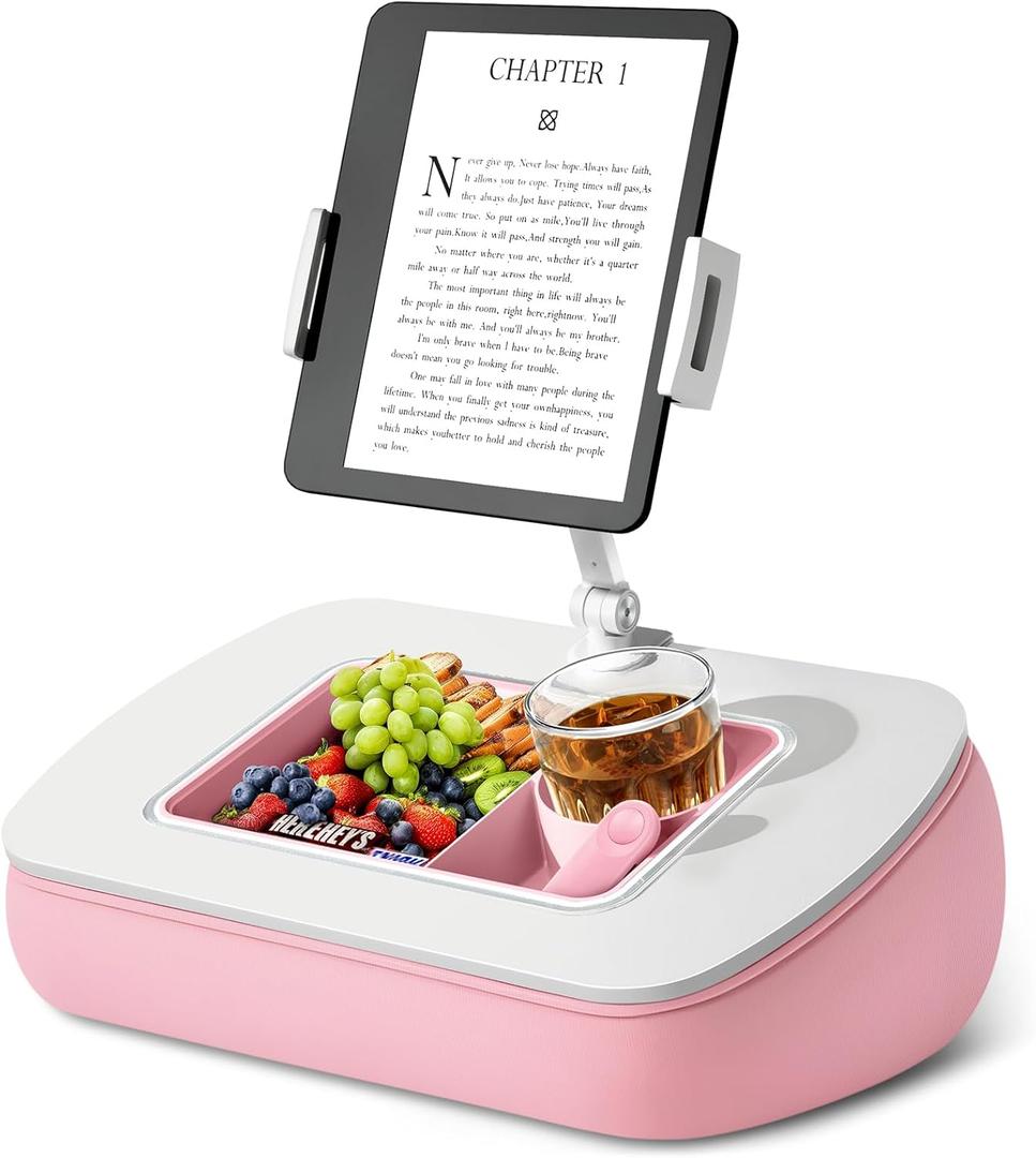ERGONOV Tablet Pillow Stand for Lap Use with Snack Bowl and 360 Rotating Arm, Adjustable iPad Holder for Bed, Couch, and Recliner, Compatible with 4.7"-13" Kindle, iPad, Tablet, Phone,Pink