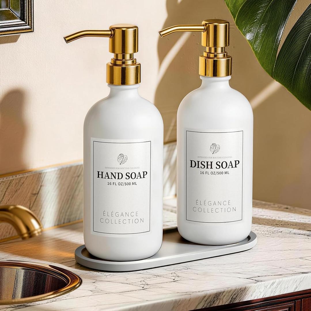 White Glass Soap Dispenser Set of 2, 16oz Hand and Dish Soap Dispenser for Kitchen & Bathroom, Gold Stainless Steel Pump, Non-Slip Base, 14 Waterproof Labels, Contemporary Style