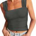 REORIA Womens Sexy Square Neck Double Lined Mesh Sheer Ruched Crop Going Out Tops Y2k Trendy Cute Tank Top Summer Outfits (Medium, Grey Green)