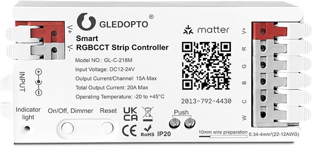 GLEDOPTO Matter RGBCCT LED Controller 20A Current Max for PWM Analog LED Strip Light APP Voice Control RGBW RGB Dimmable Work with Homekit Google Amazon Echo Alexa (Matter Hub Required)
