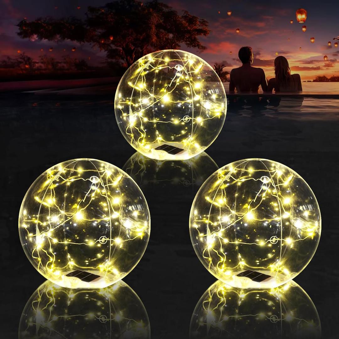 Cootway Floating Pool Lights, 15 Inch Warm White Solar Pool Light That Float, IP68 Waterproof Inflatable Light Up Pool Balls, Float or Hang Solar Floating Lights for Pool, Wedding, Party Decor - 1p