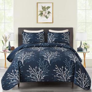 Navy King Size Quilt Set Branch Botanical Pattern Bedspread Coverlet Set, 3 Pieces Navy Blue Tree Floral Quilt Bedding Set, Soft Lightweight Microfiber Reversible Bed Cover for All Season, 96''x90''