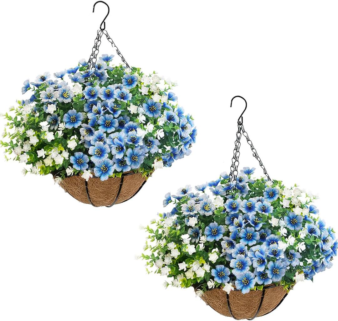 Artificial Hanging Flowers Basket for Outdoors, Faux Hanging Basket with Fake Flowers, UV Resistant Outdoor Hanging Plants for Porch Patio Garden Balcony Decor, White + Blue-White