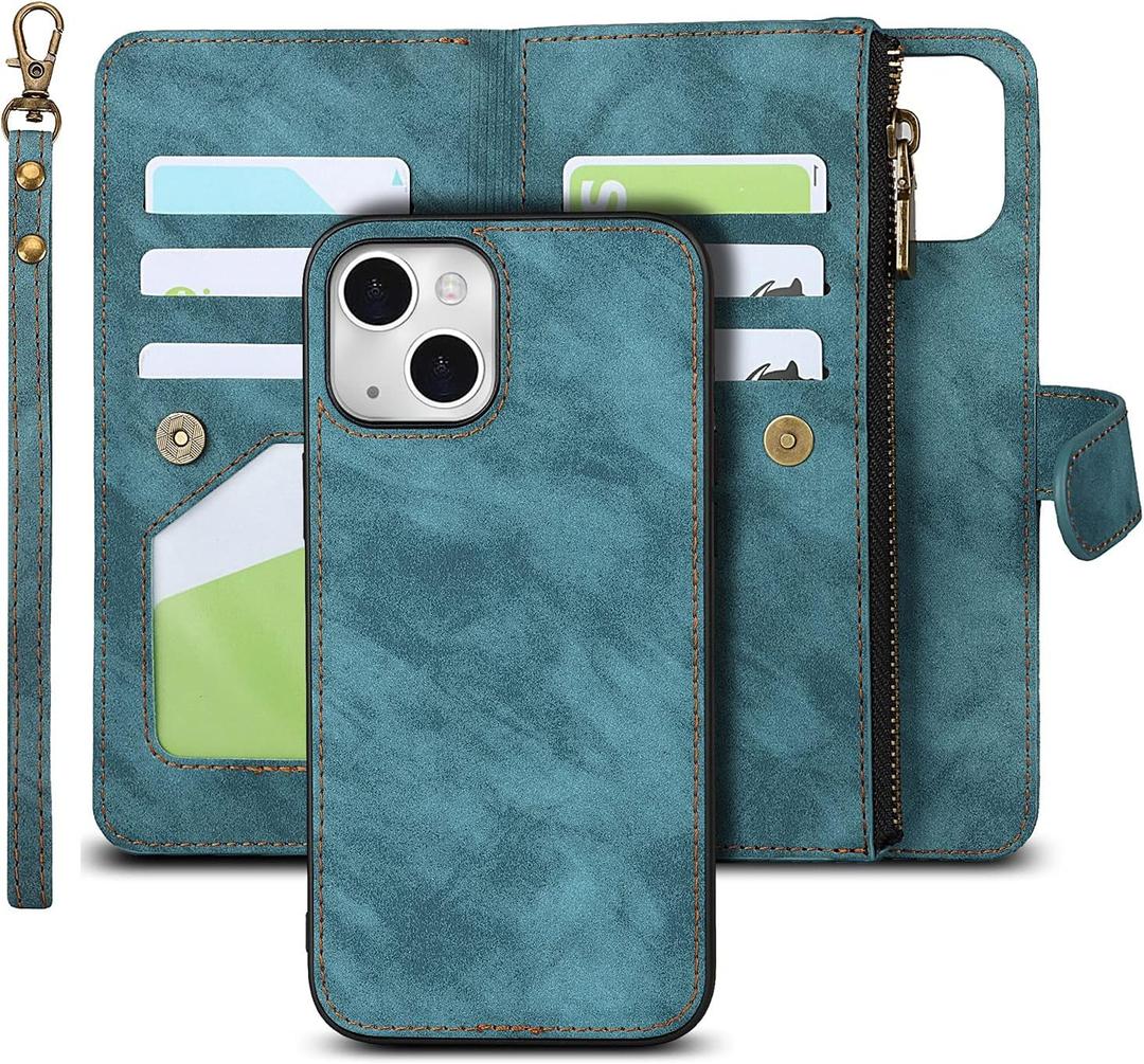 iCoverCase iPhone 13 Wallet Case with Card Holder, 2 in 1 PU Leather Magnetic Clasp Zipper Pocket Shockproof Detachable Flip Wrist Strap for (Blue), 13-Detachable--Blue