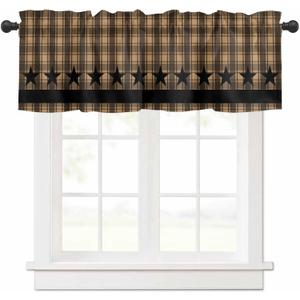 Checkered Stars Valances for Windows 42" W x 12" L Retro Brown Black Plaid Art Rod Pocket Curtains Valance Short Window Treatment Drapes for Living Room, Bedroom Bathroom Decor