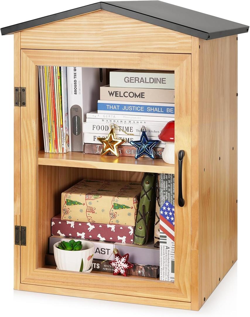 Outdoor Library Outdoor Book Box Storage Wooden Cabinet Little Literature Box for Neighborhoods Community and Schools Sharing Books, Flyers, Newspapers, Food and Art(C)
